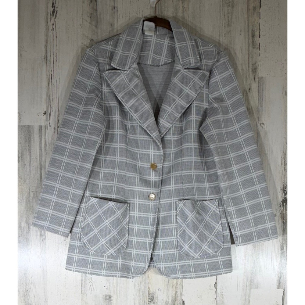 JCPenney Blazer Medium Gray White Plaid Vintage 70s Polyester Patch Pockets READ